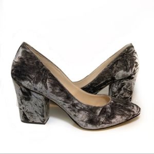 GRAY CRUSHED VELVET NINE WEST SCHEILA HEEL
